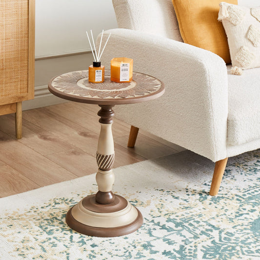 Side Table Dark Mango Wood Round Top 45cm Base Traditional Design With Carved Detailing