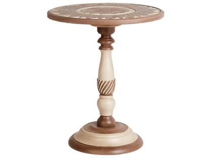Side Table Dark Mango Wood Round Top 45cm Base Traditional Design With Carved Detailing