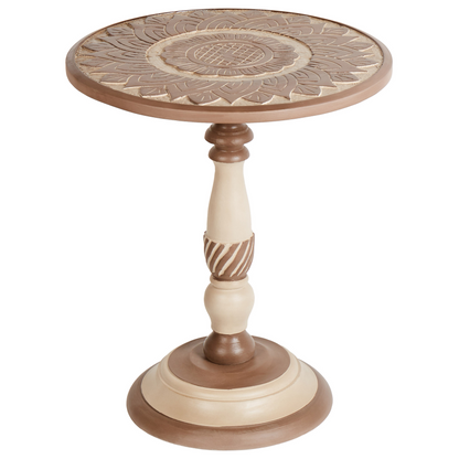 Side Table Dark Mango Wood Round Top 45cm Base Traditional Design With Carved Detailing