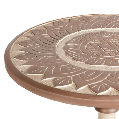 Side Table Dark Mango Wood Round Top 45cm Base Traditional Design With Carved Detailing