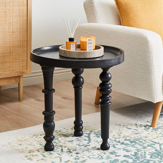 Black Mango Wood Side Table Round 52cm Diameter Traditional Design