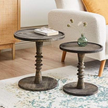 Dark Mango Wood Round Side Tables Set Of 2 Pedestal Bases
