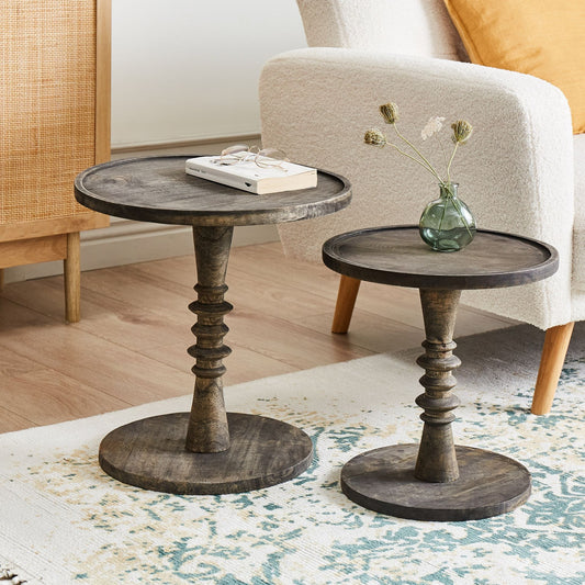 Dark Mango Wood Round Side Tables Set Of 2 Pedestal Bases