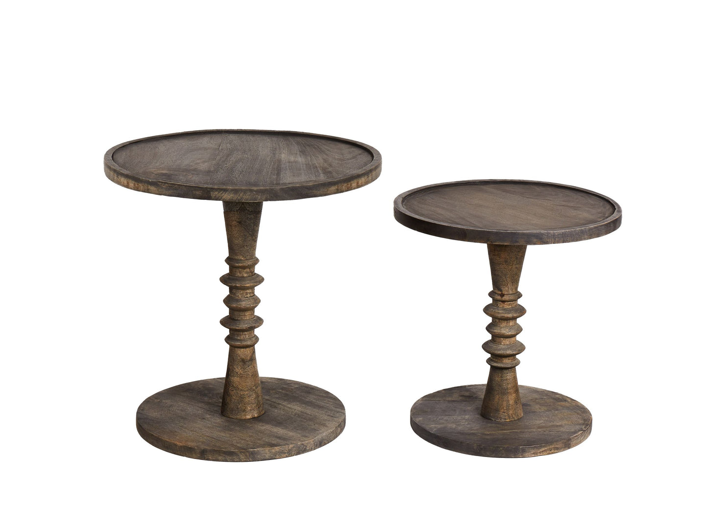 Dark Mango Wood Round Side Tables Set Of 2 Pedestal Bases