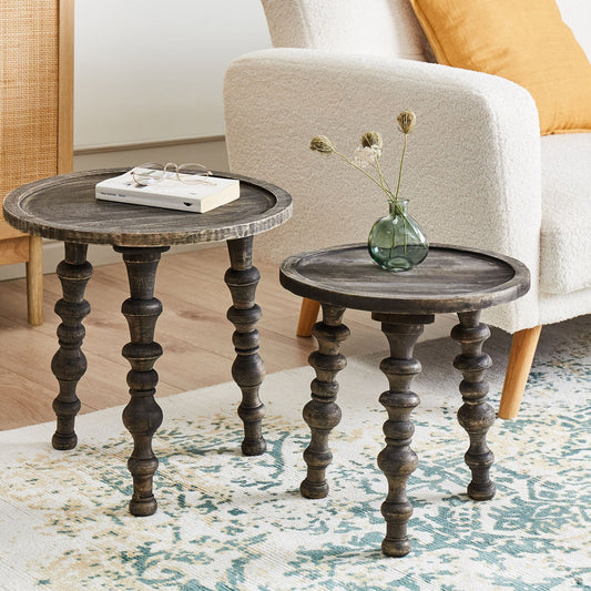 Mango Wood Co Set of 2 Side Tables Dark Round Top Traditional Design