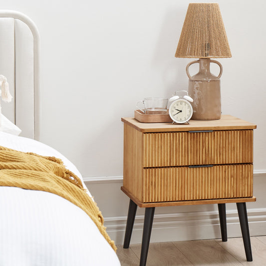 Bedside Table Light Brown Pine Wood With 2 Drawers