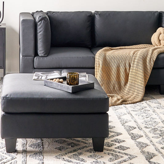 Black Faux Leather Square Ottoman Footstool