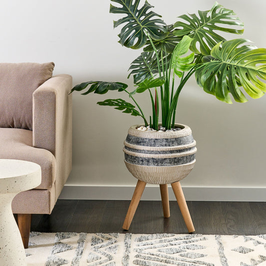 Plant Stand Beige And Grey Magnesium Round Wood Base