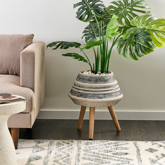 Plant Stand Beige Grey Magnesium Round Wood Base Planter