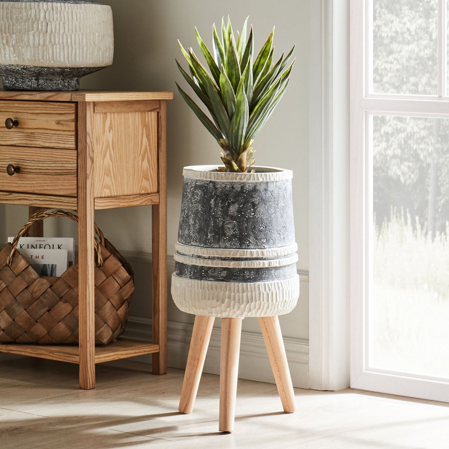 Plant Stand Grey Beige Magnesium Round Solid Wood Base Tall Planter Pot