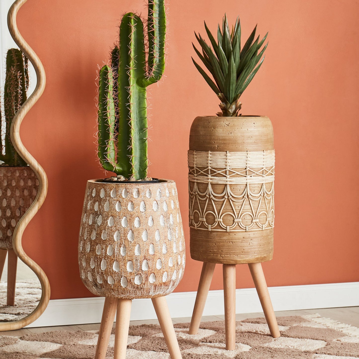 Light Brown Magnesium Round Plant Stand With Solid Wood Base Tall Planter