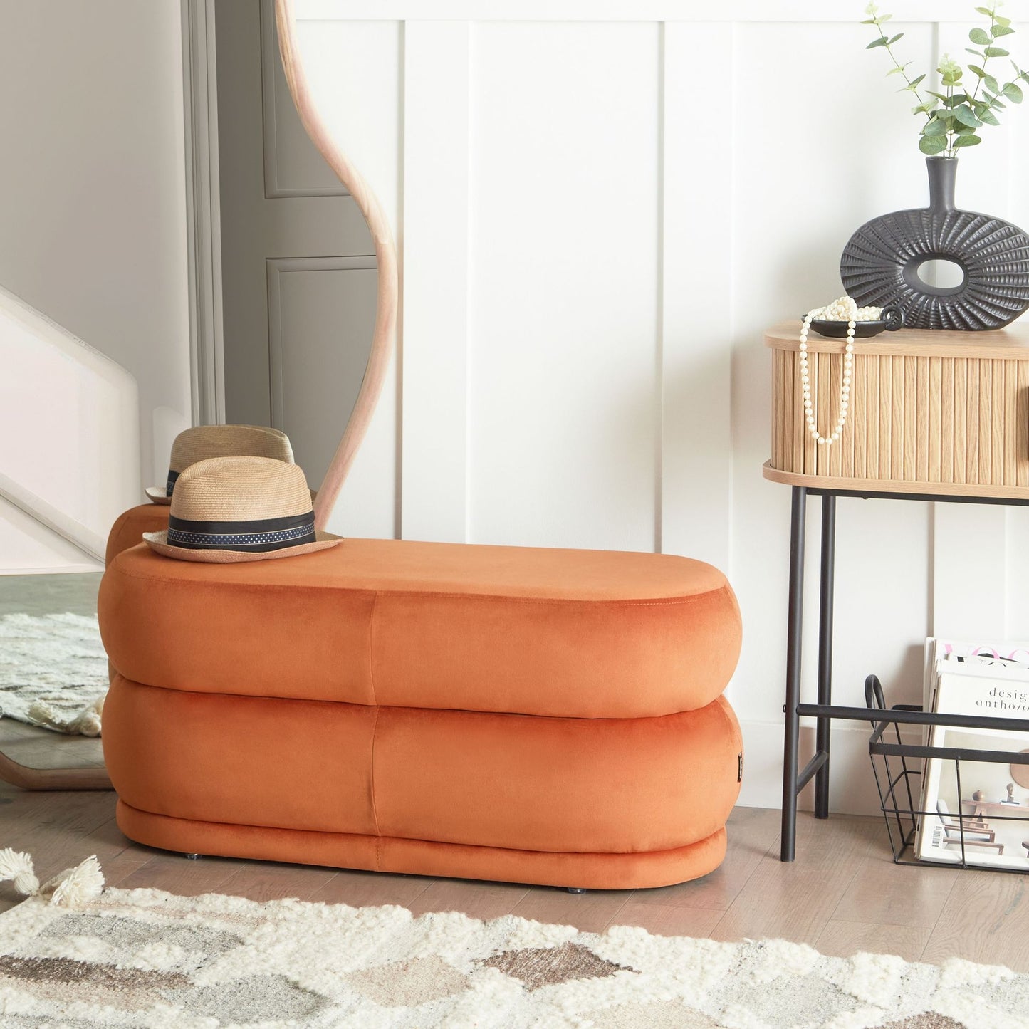 Velvet Bench Orange Upholstered Fabric Accent Stool For Living Room Modern Decor