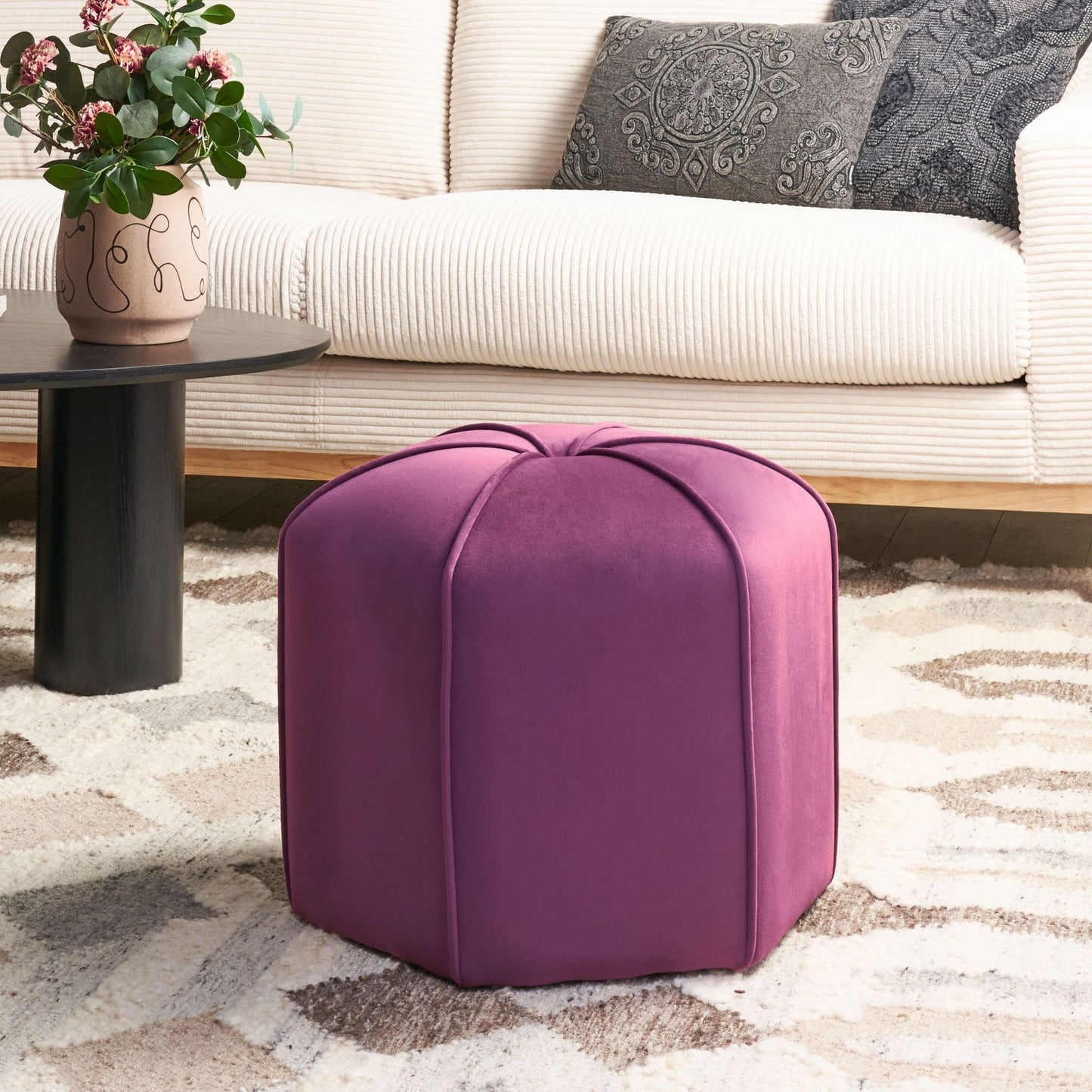 Pouffe Purple Velvet Round Footstool 45 By 45 By 40cm