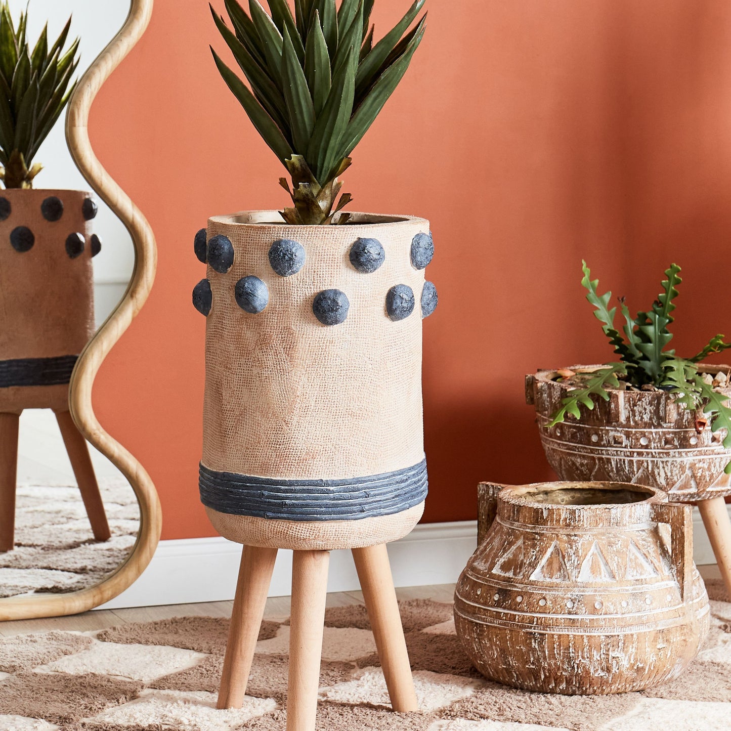 Plant Stand Sand Beige Tall Round Wood Base