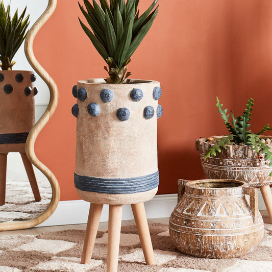 Plant Stand Sand Beige Tall Round Wood Base