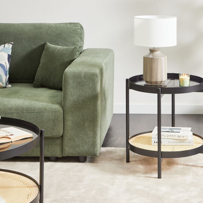 Viennese Braid Side Table Black Glass Top 50cm Round Metal Frame