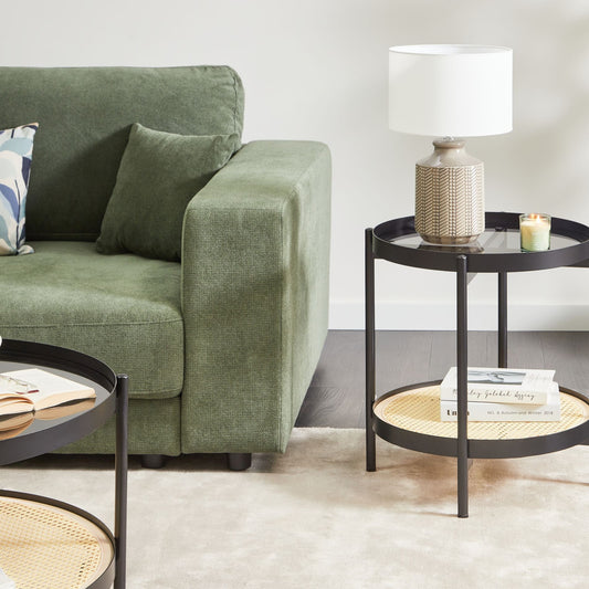 Viennese Braid Side Table Black Glass Top 50cm Round Metal Frame