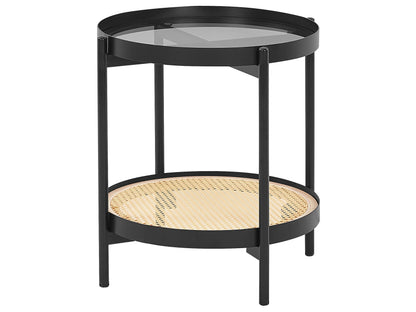 Viennese Braid Side Table Black Glass Top 50cm Round Metal Frame