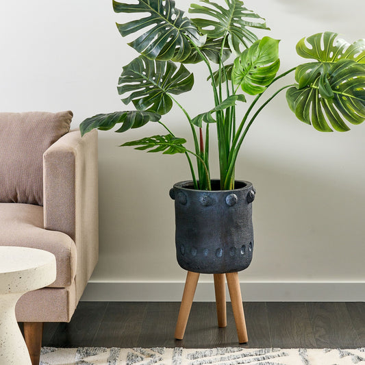 Plant Stand Graphite Grey Magnesium Round Wood Base Tall