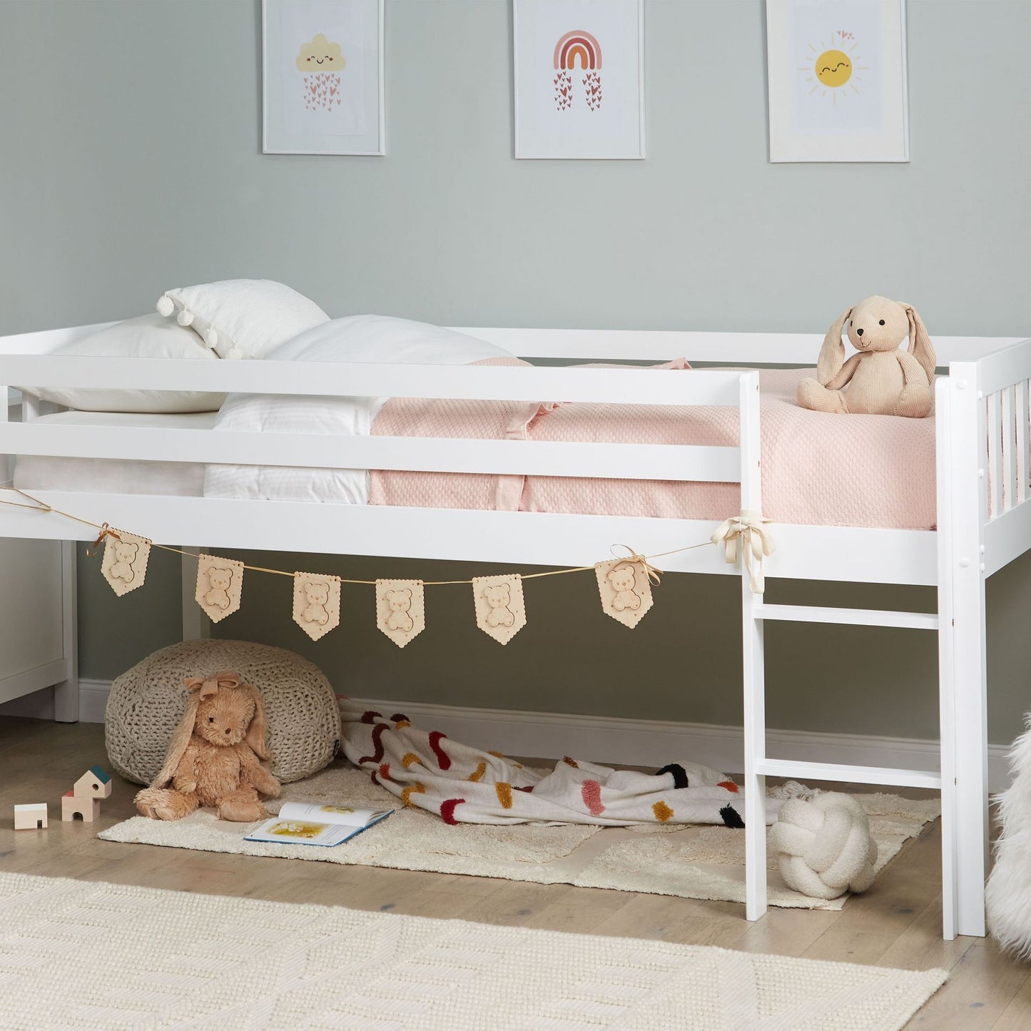 Kids Bed White Rubber Wood EU Single With Slatted Frame