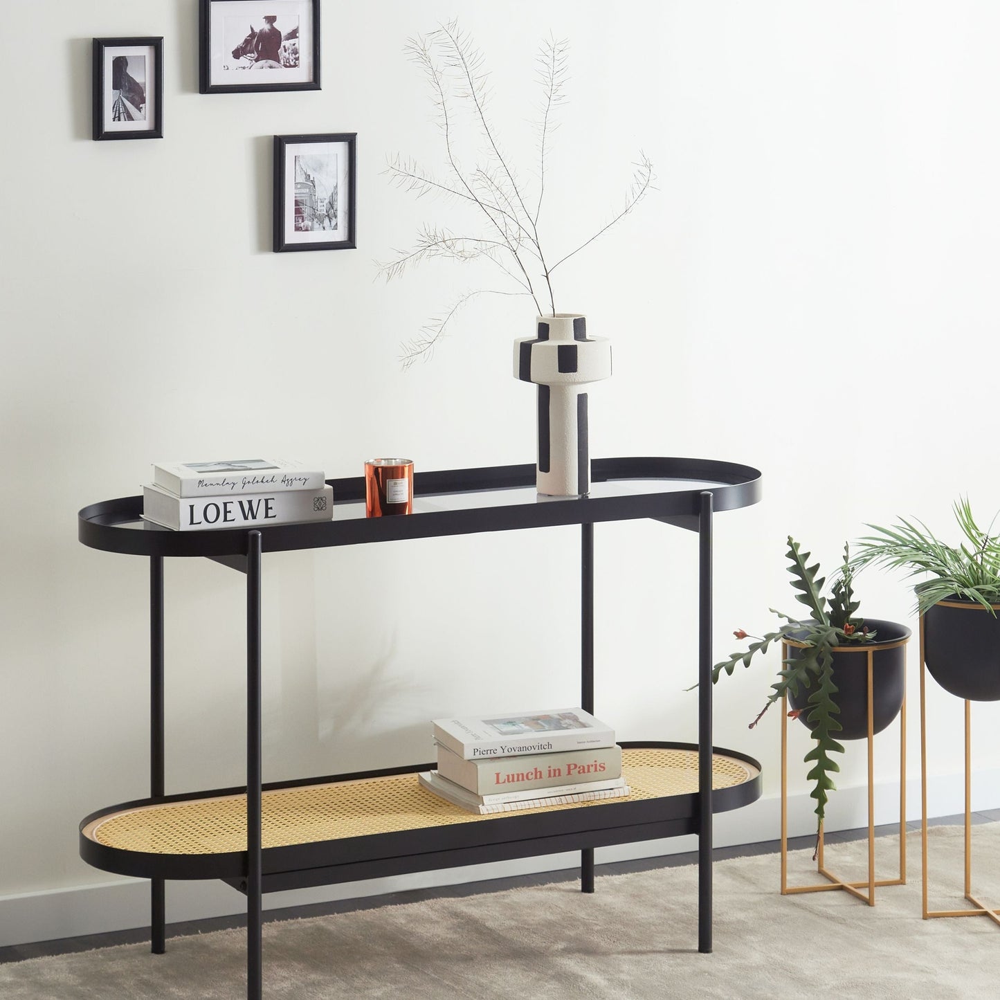 Viennese Console Table Black Glass Top 120 x 42cm Modern Braid