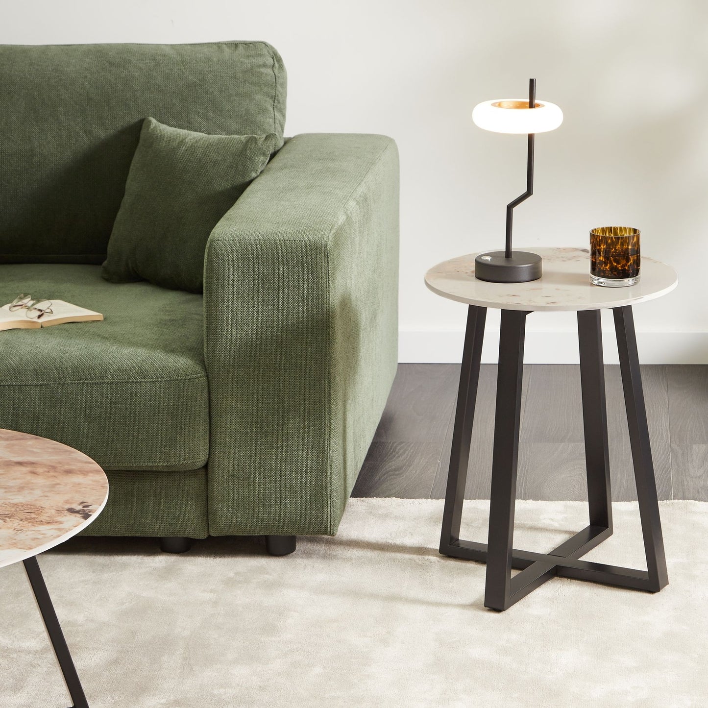 Black Round Side Table With White Ceramic Top 45cm Marble
