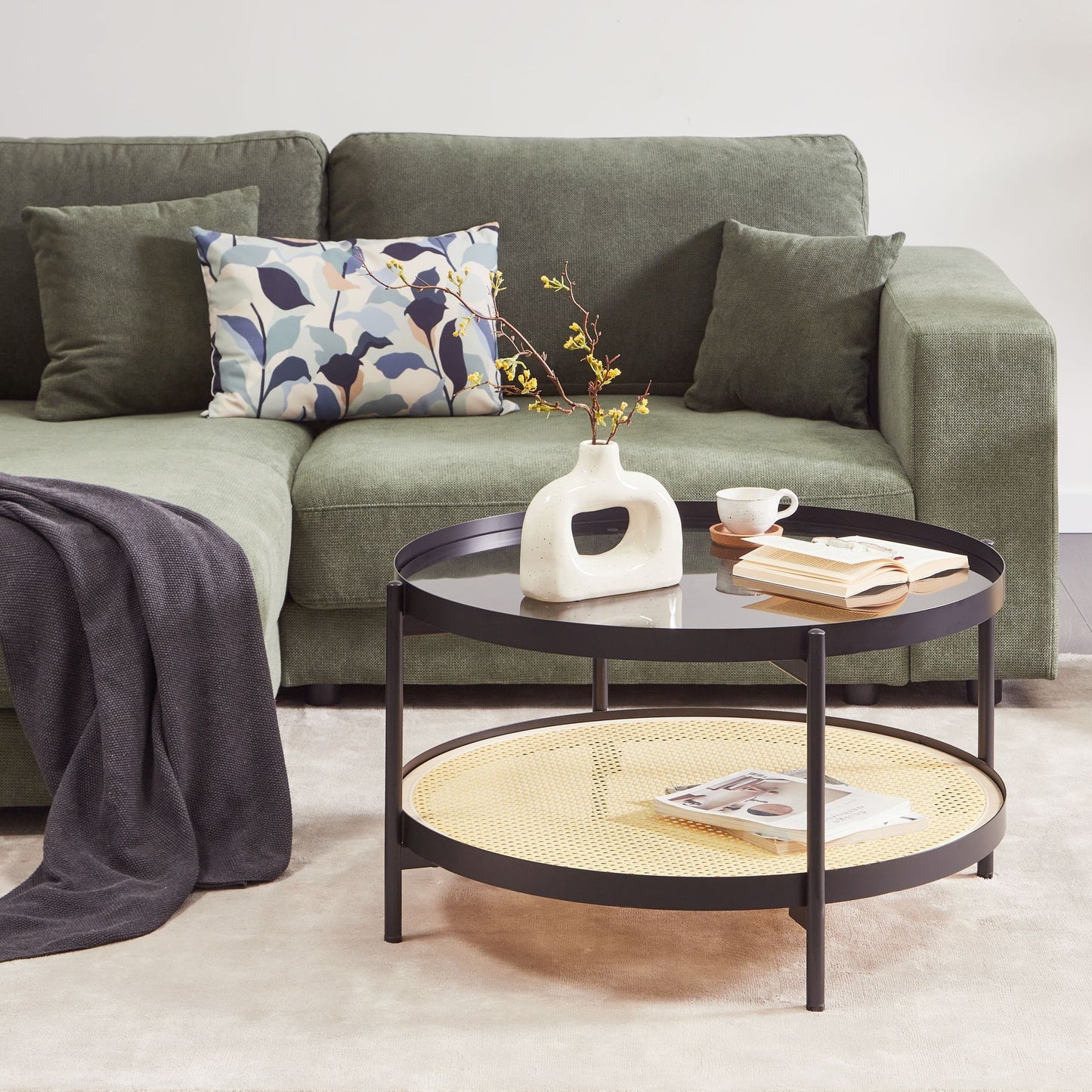 Viennese Braid Coffee Table Black Metal Frame Round Glass Top 80cm