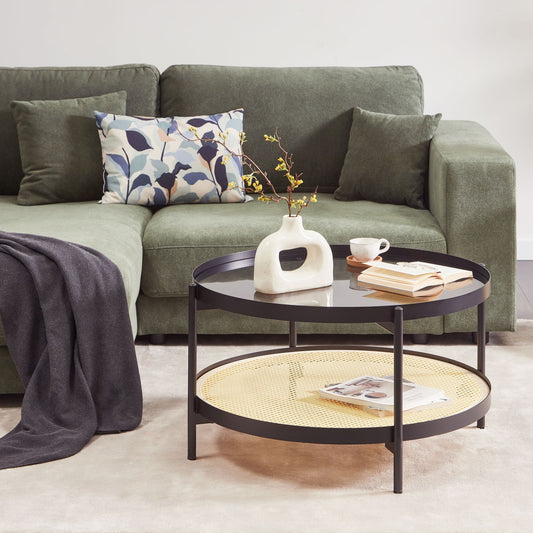 Viennese Braid Coffee Table Black Metal Frame Round Glass Top 80cm