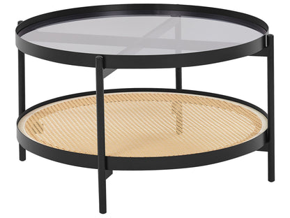 Viennese Braid Coffee Table Black Metal Frame Round Glass Top 80cm