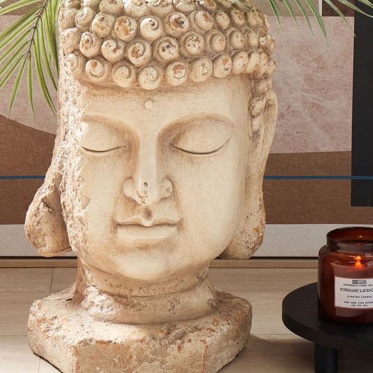 Buddha Head Plant Pot Beige Hand Painted Distressed Stone Finish For Indoor Outdoor