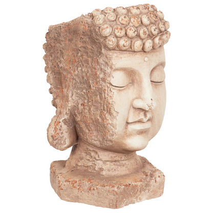 Buddha Head Plant Pot Beige Hand Painted Distressed Stone Finish For Indoor Outdoor