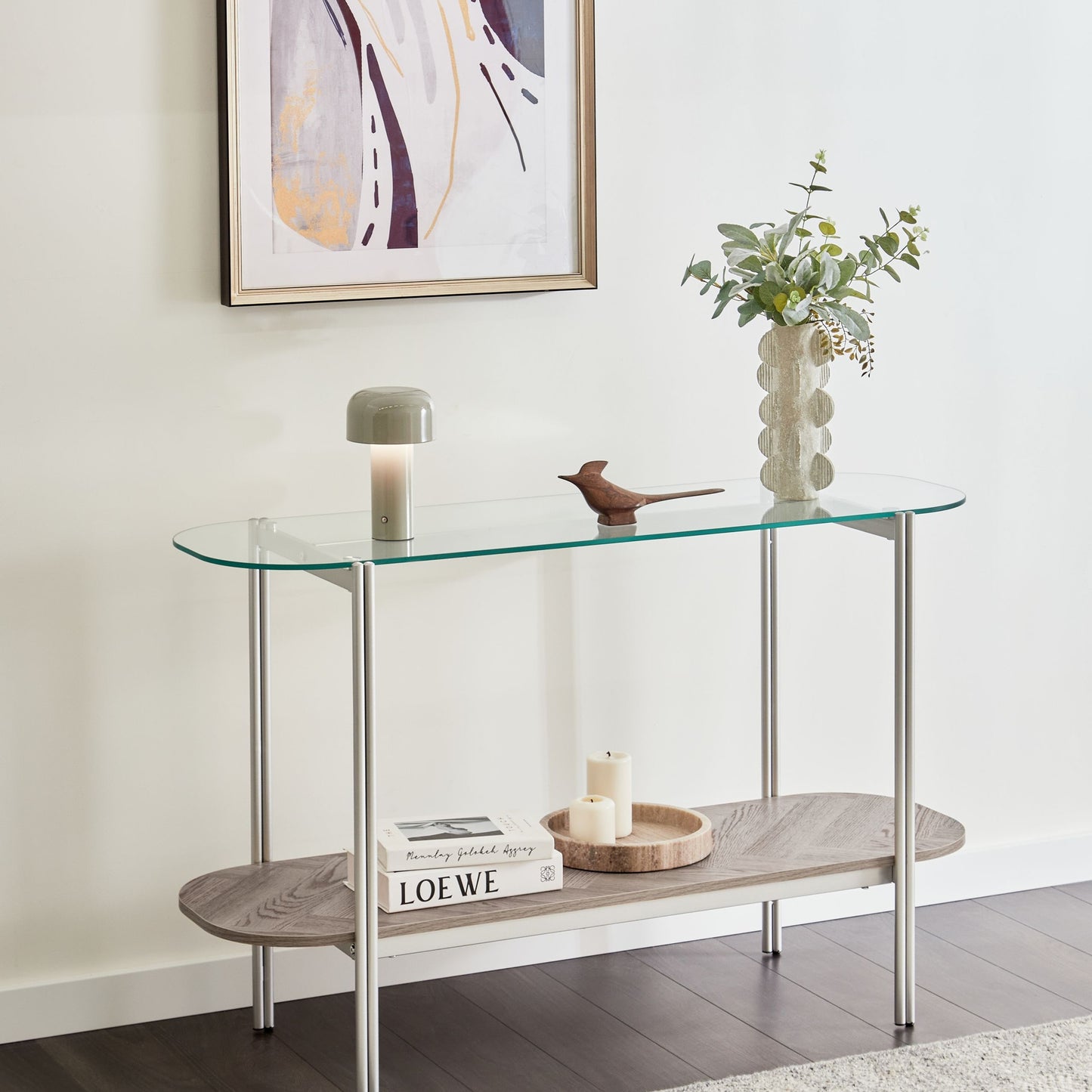 Console Table Silver Glass Top Light Wood Shelf 120 x 41cm