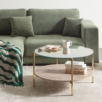 Living Gold Glass Top Round Coffee Table Metal Frame 80cm