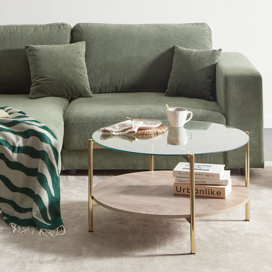 Living Gold Glass Top Round Coffee Table Metal Frame 80cm