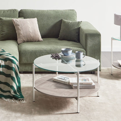 Silver Round Coffee Table Glass Top With Wood Shelf 80cm