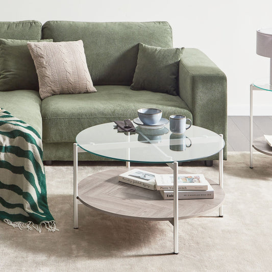 Silver Round Coffee Table Glass Top With Wood Shelf 80cm
