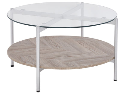 Silver Round Coffee Table Glass Top With Wood Shelf 80cm