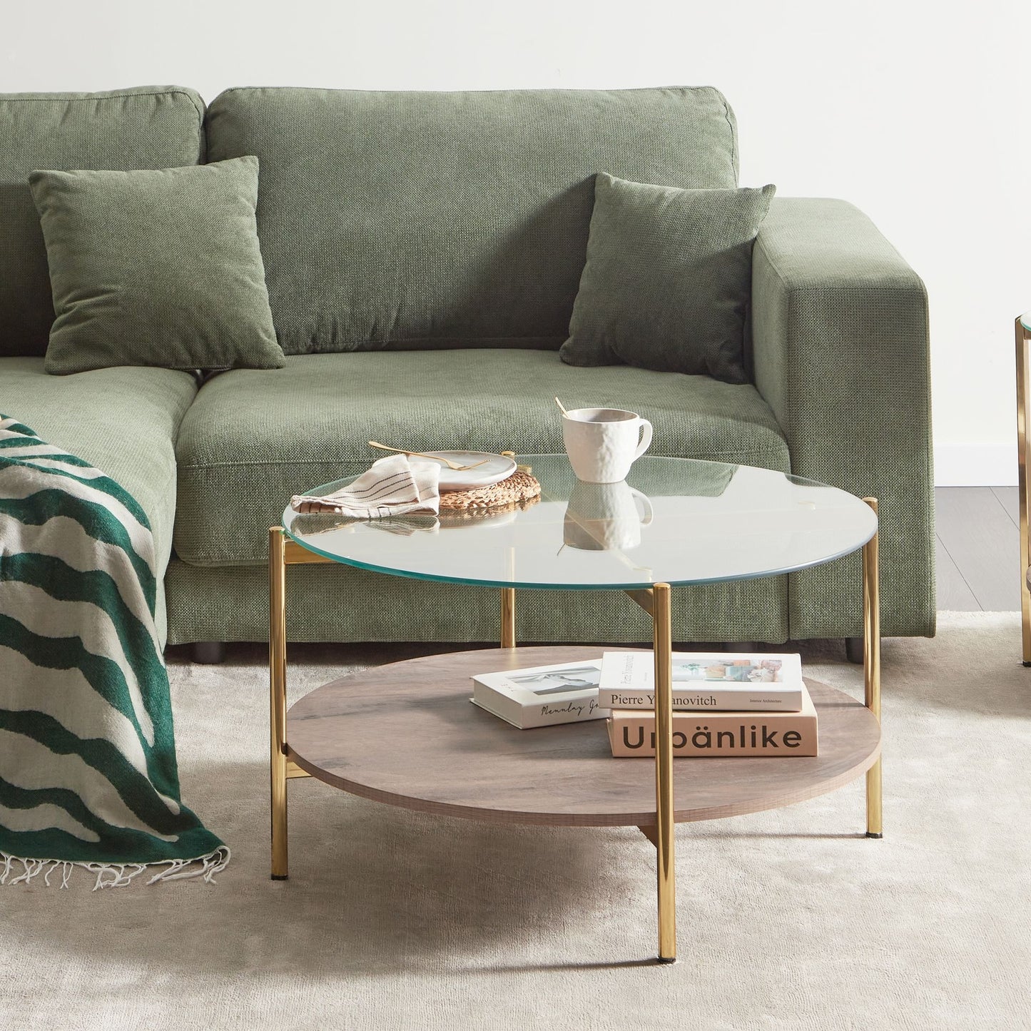 Gold Glass Top Round Coffee Table With Dark Wood Shelf 80cm