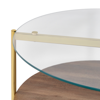 Gold Glass Top Round Coffee Table With Dark Wood Shelf 80cm