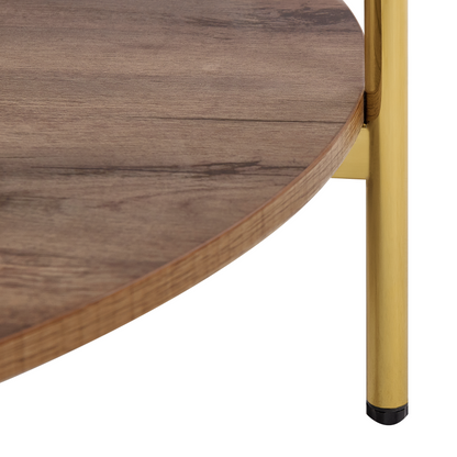 Gold Glass Top Round Coffee Table With Dark Wood Shelf 80cm