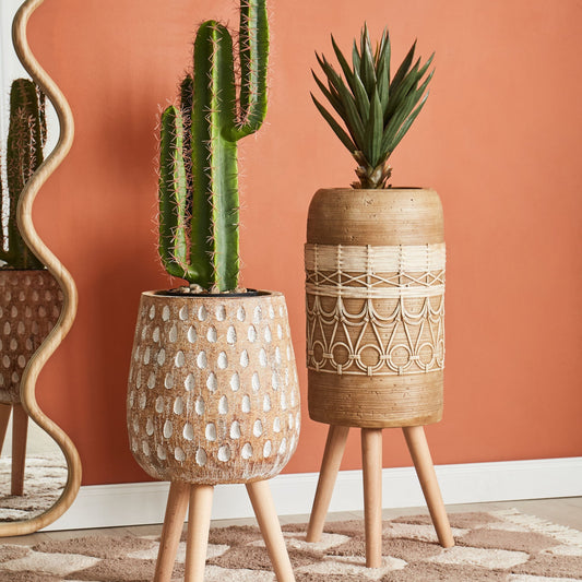 Plant Stand Light Brown Hand Painted Boho Round Wood Base Tall Planter