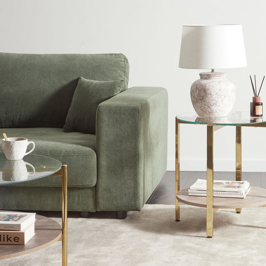 Round Gold Side Table Glass Top Wood Shelf 50 Centimeters