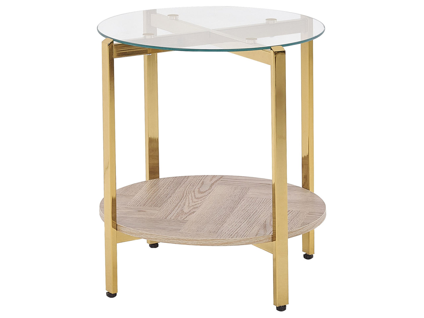 Round Gold Side Table Glass Top Wood Shelf 50 Centimeters