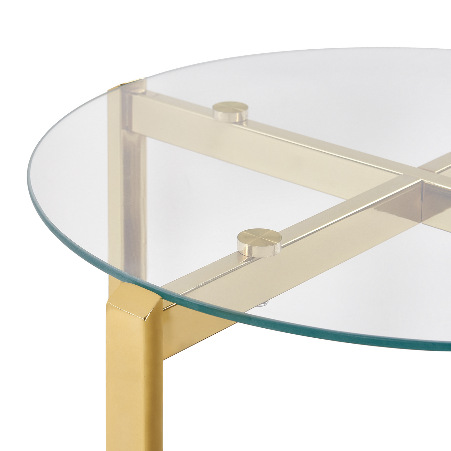 Round Gold Side Table Glass Top Wood Shelf 50 Centimeters