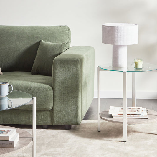 Round Side Table Silver Metal Frame With Light Wood Glass Top 50cm Modern Design