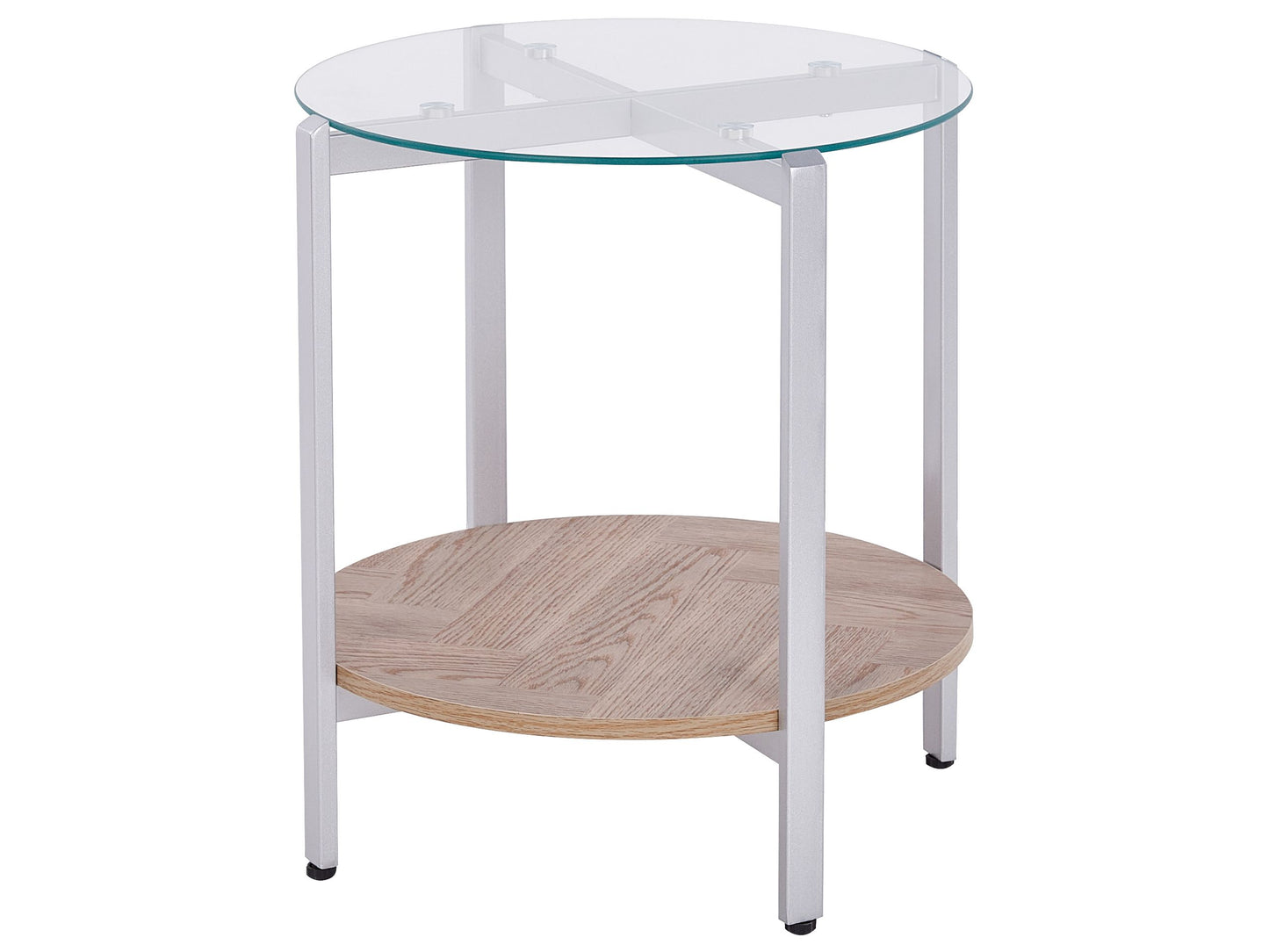 Round Side Table Silver Metal Frame With Light Wood Glass Top 50cm Modern Design
