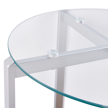 Round Side Table Silver Metal Frame With Light Wood Glass Top 50cm Modern Design