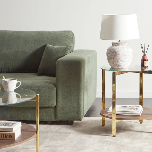 Gold Side Table with Dark Wood Glass Top Diameter 50cm