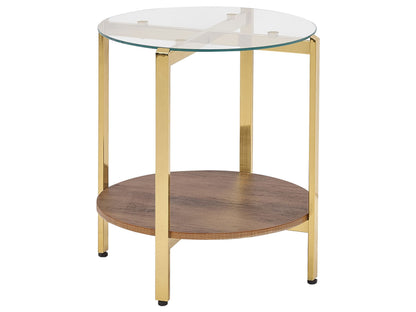Gold Side Table with Dark Wood Glass Top Diameter 50cm