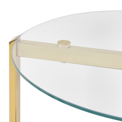 Gold Side Table with Dark Wood Glass Top Diameter 50cm